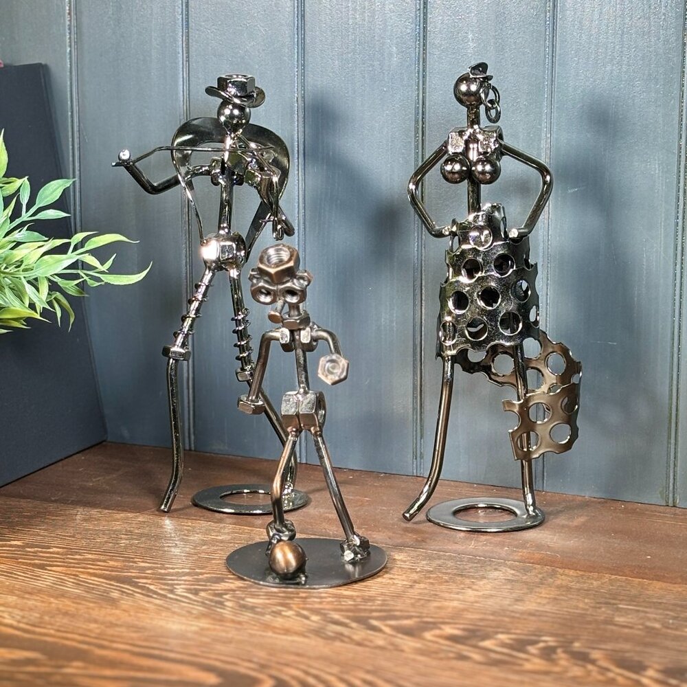Recycled Metal Nut and Bolt Sculptures Set of 3 Steampunk Industrial Figurines